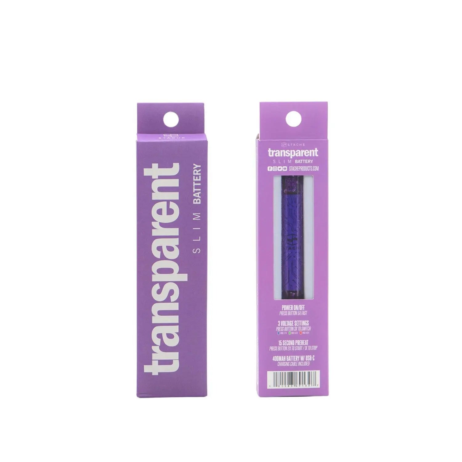 Stache Transparent 400mah Slim Battery Purple