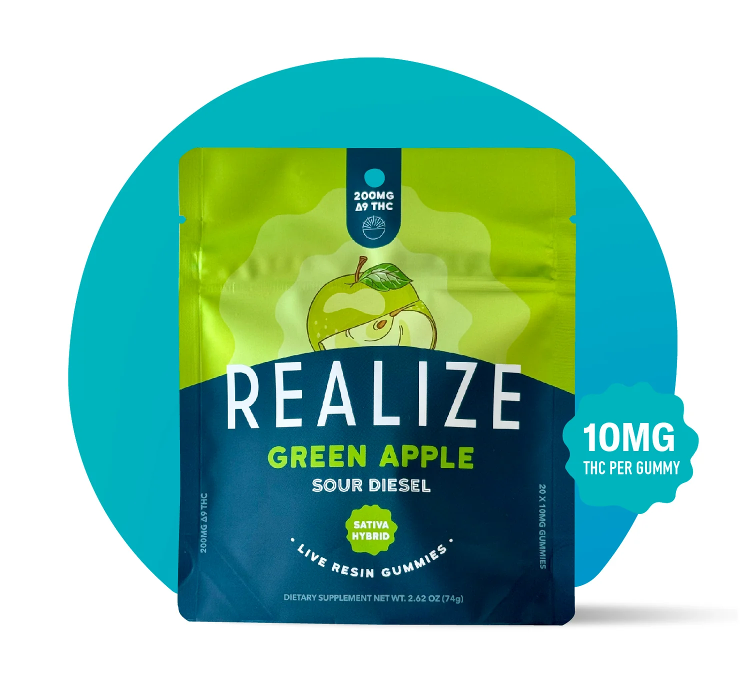 Realize- 200mg -Green Apple (Sour Diesel) Gummies Sativa Hybrid