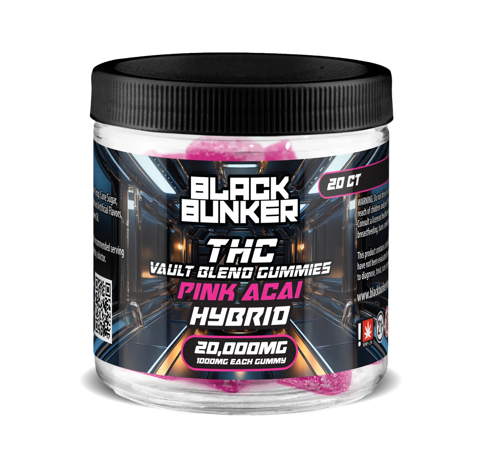 Black Bunker THC 20000mg Gummy Jar 1000mg Each Pink Acai Hybrid