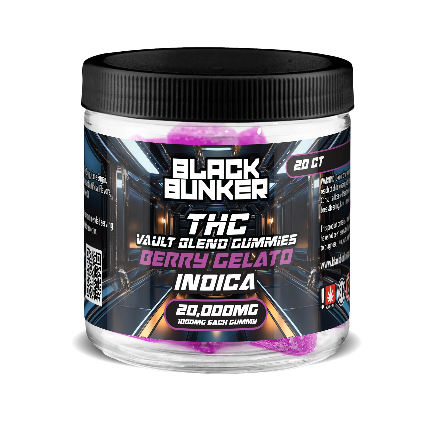 Black Bunker THC 20000mg Gummy Jar 1000mg Each Berry Gelato Indica