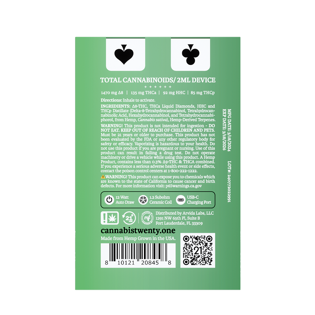 Twentyone Disposable - 2mL - THCa - THCp -Watermelon Og (Indica Dominant) POP