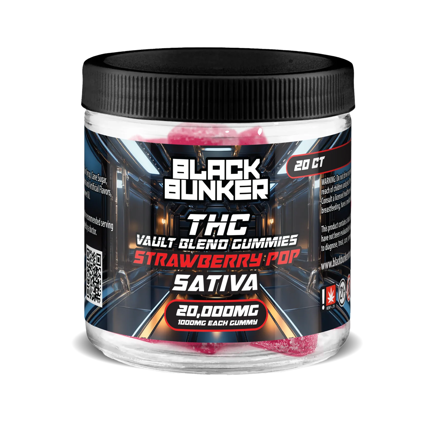Black Bunker THC 20000mg Gummy Jar 1000mg Each Strawberry Pop Sativa