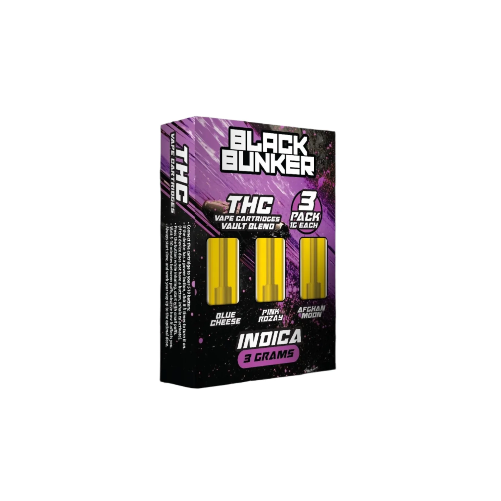 Black Bunker 3pk 1G Carts INDICA (Blue Cheese, Pink Rozay, Afghan Moon)