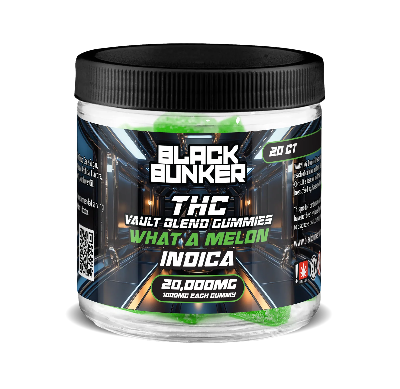 Black Bunker THC 20000mg Gummy Jar 1000mg Each What A Melon Indica