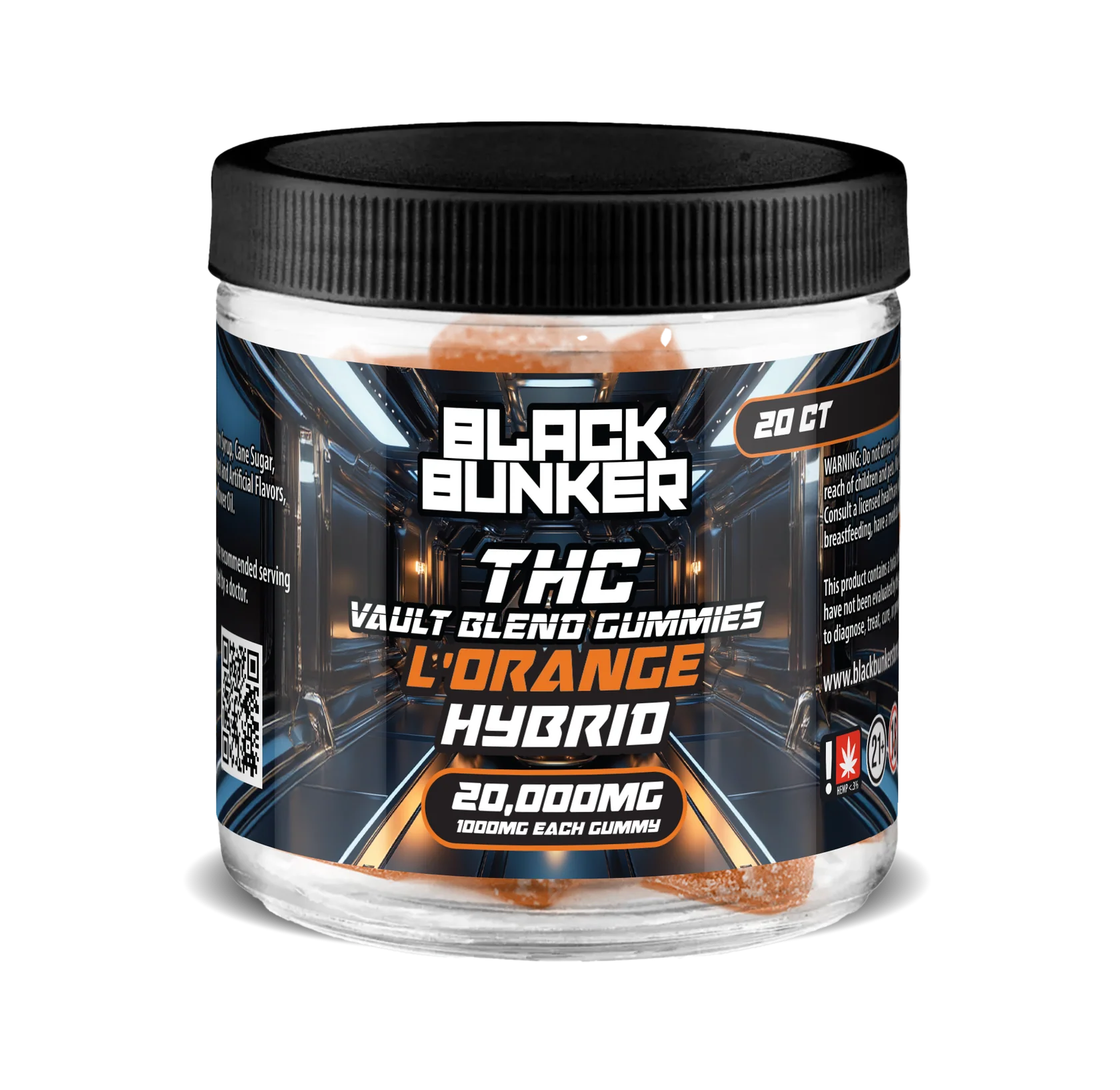 Black Bunker THC 20000mg Gummy Jar 1000mg Each L Orange Hybrid