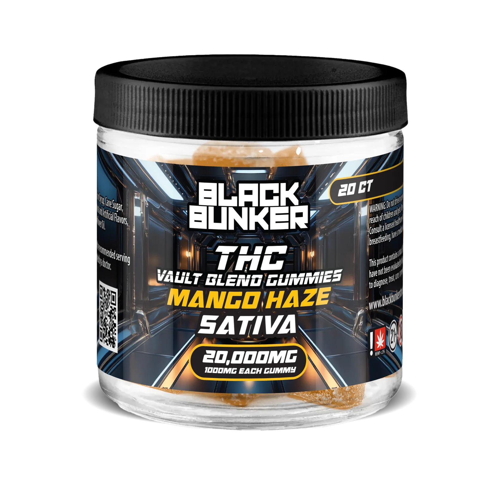 Black Bunker THC 20000mg Gummy Jar 1000mg Each Mango Haze Sativa