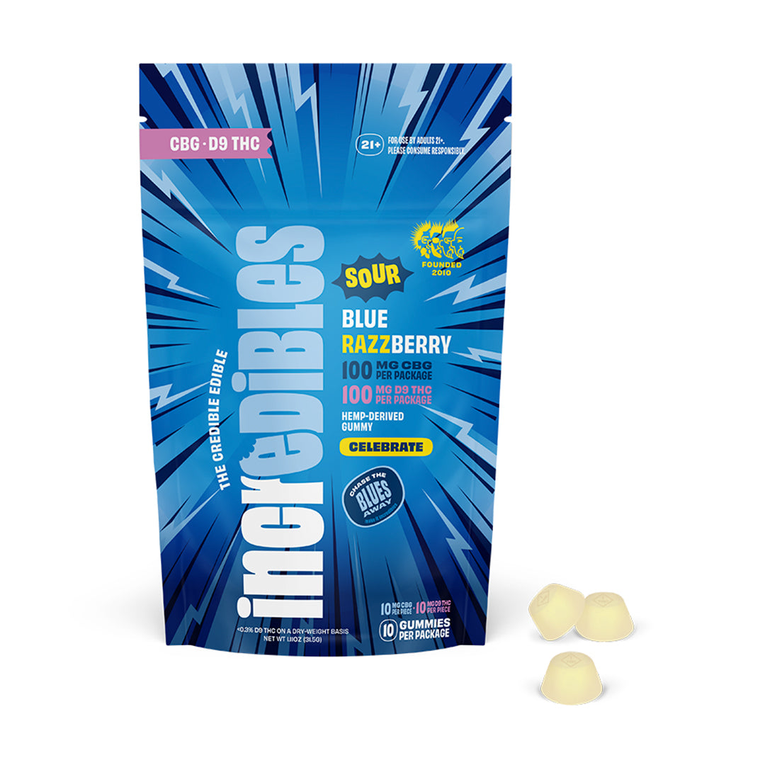 Incredibles Sour Blue Razzberry Gummies (D9 10MG + CBG 10MG) UNCOLORED