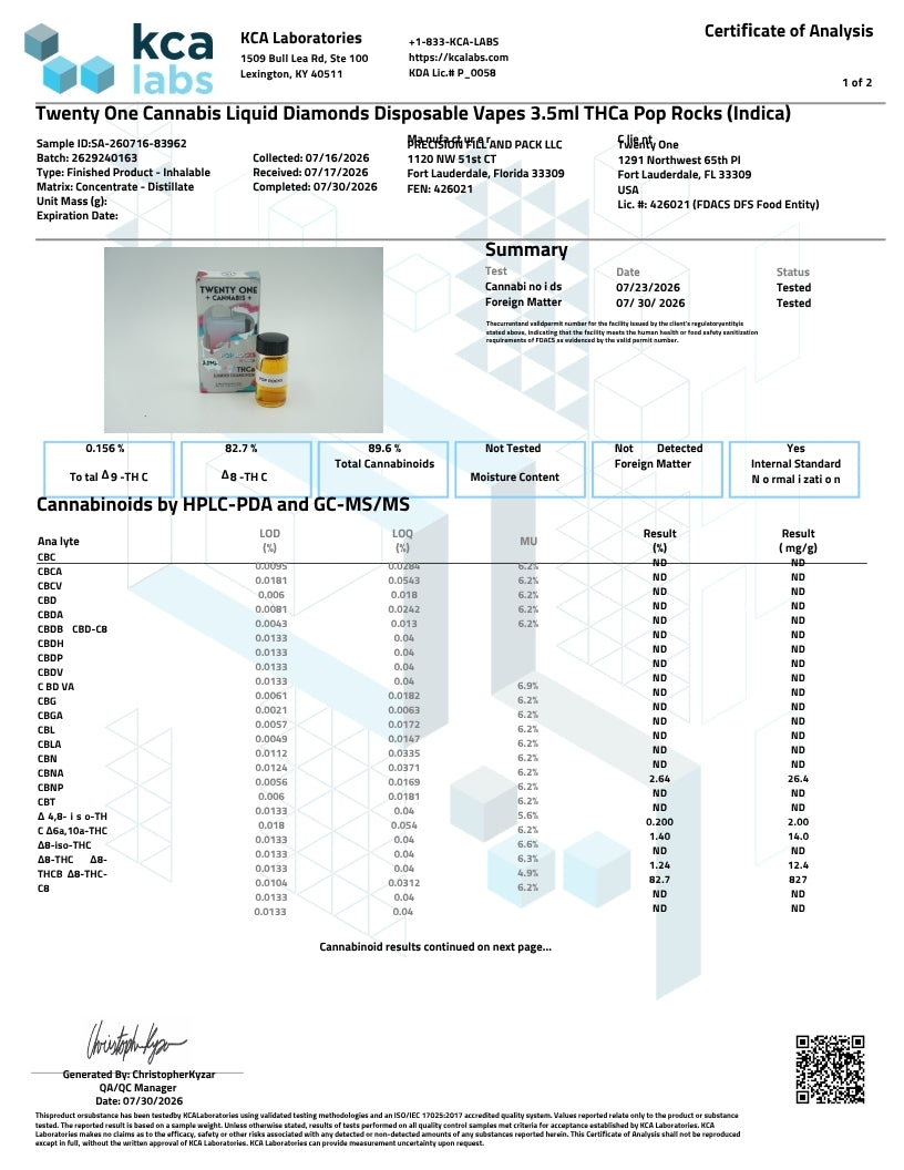 21 Cannabis- 3.5ML Liquid Diamonds Dispo ( Pop Rocks ) Indica