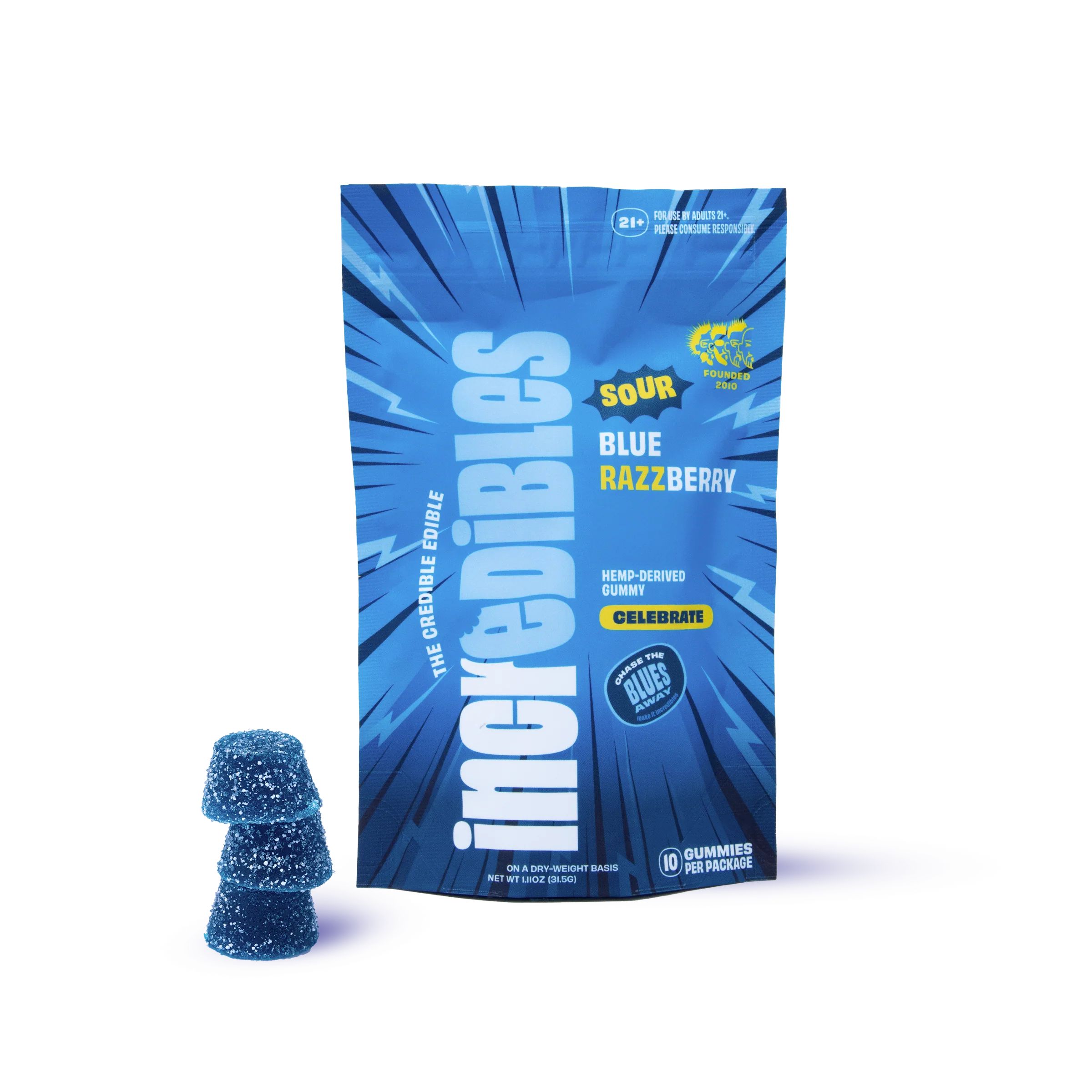 Incredibles Sour Blue Razzberry Gummies (D9 10MG + CBG 10MG PER PIECE)