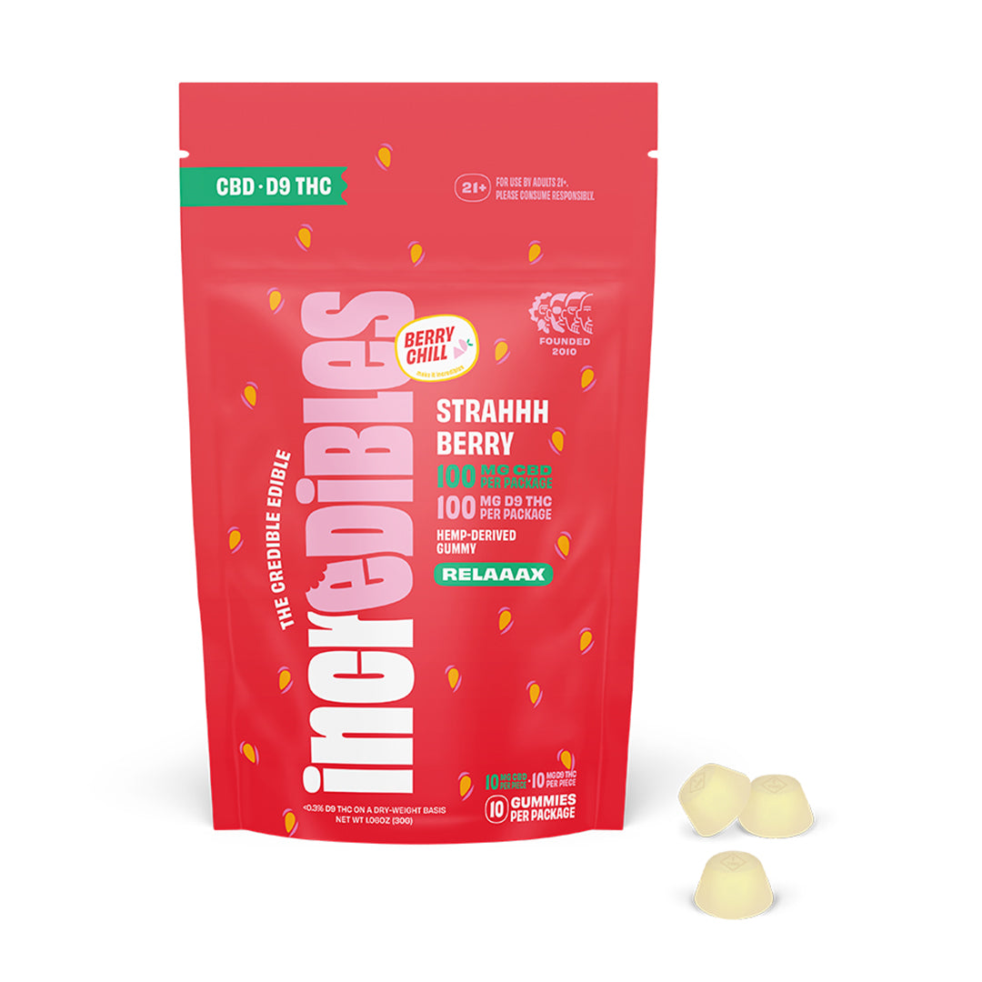 Incredibles Strahhhberry Gummies (D9 10MG + CBD 10MG) UNCOLORED
